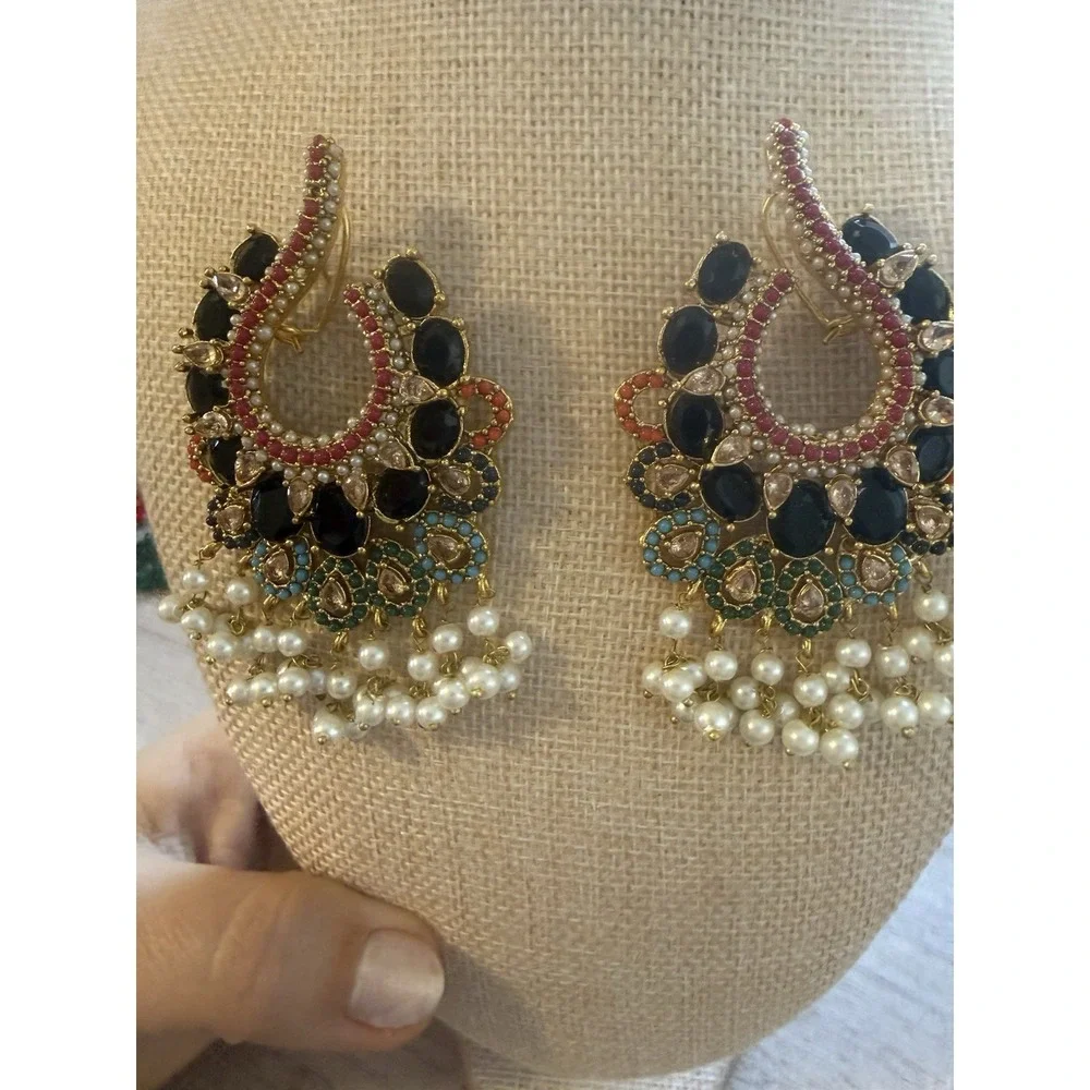 Black And Multicolor Turkish Statement Earrings Gold‎ Tone Pierced Double Lock